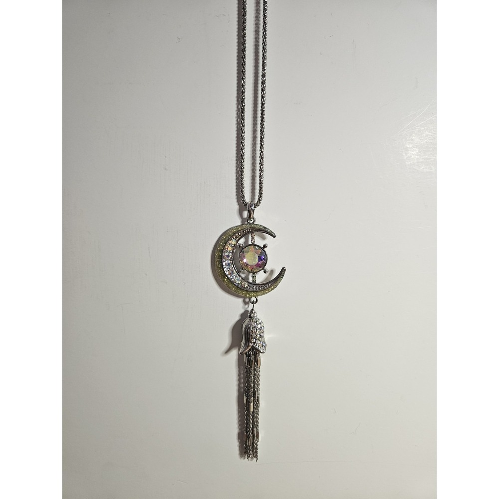 Kirks Folly Celestial Crescent Moon Tassel Fringe Pendant Necklace Silver